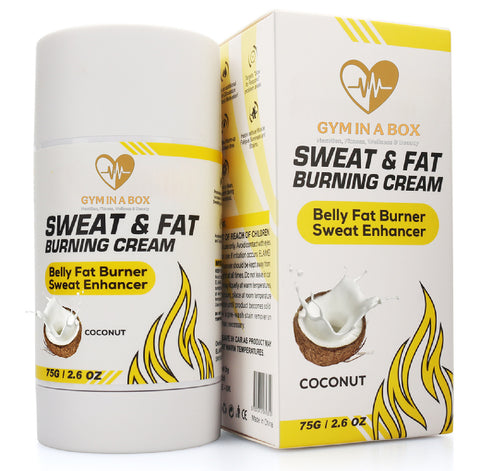 GYM IN A BOX IGNITE coconut Sweat & Fat Burning Cream stick. Displayed on a light beige background with tagline SWEAT & Fat burning cream 