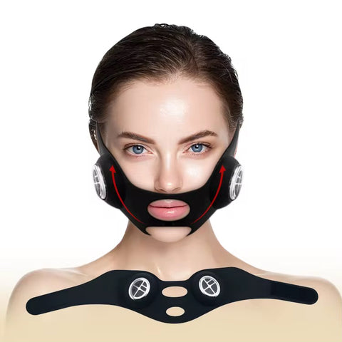 Luxury black facelift E- mask worn by woman for jawline and cheek lift using GYM IN A BOX® patented ToneUp15® StimFit Beauty Technology. Metallic pink, gold, and black branding. Hands-free wearable for sculpting face in 15 minutes.