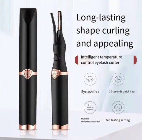 LiftMyLash heated eyelash curler set with sleek black and rose-gold design, USB charger, protective cap, and beauty brush beside branded packaging.
