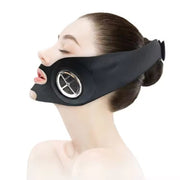 Luxury black facelift E- mask worn by woman for jawline and cheek lift using GYM IN A BOX® patented ToneUp15® StimFit Beauty Technology. Metallic pink, gold, and black branding. Hands-free wearable for sculpting face in 15 minutes.