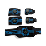 5-in-1 wearable muscle-engagement and performance support set in black with blue detailing and digital control modules.