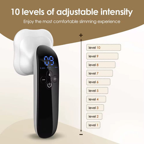 10 levels of intensity BODYSCULPTING ULTRA FIRM KIT by GYM IN A BOX® featuring a sleek black LED body-sculpting device with red lights and a coconut Sweat & Fat Burning Cream stick. Displayed on a light beige background