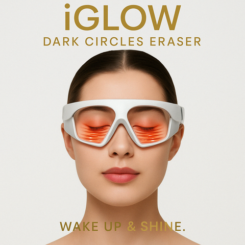 IGlow PRO Red Light Under-Eye Therapy Mask – worn by model, reduces dark circles and puffiness