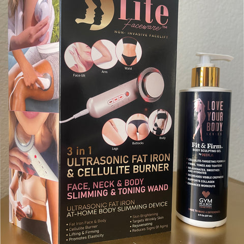 GYM IN A BOX® BodySculpting Ultra Firm Kit featuring the UltraFirm BodySculpting Wand with red LED light and the Fit & Firm Workout Enhancer Gel by NIKA. Luxury at-home body toning and sculpting syste