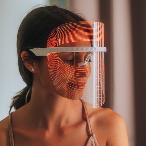 Magic Glow 7-in-1 LED BeautyShield by GYM IN A BOX® – woman wearing premium light therapy face mask featuring 7 clinically-targeted LED wavelengths for anti-aging, acne treatment, skin brightening, and wrinkle reduction. Lightweight, hands-free, USB rechargeable, and designed with transparent NASA-inspired technology for at-home professional skincare