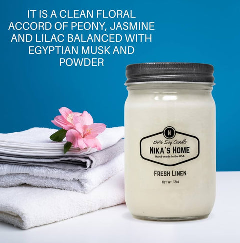 NIKA’s Healthy Home Candles
Healthy Living - 100 % Soy Candles - All Natural-All Clean - 12oz Mason Jar - Non-Toxic - Highly Scented for Your Home - Safe for Pets - Hand Poured in The USA, Long Burning 50-60 Hours - Clean Burning - Gift - Home Decor, Fresh Linen Scent