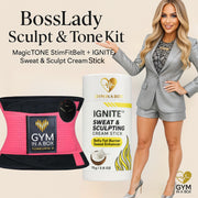 BossLady Nika Cristiani , CEO GYM IN A BOX, Sculpt & Tone Kit by GYM IN A BOX® featuring MagicTONE StimFitBelt and IGNITE™ Sweat & Sculpting Cream Stick, presented with founder in silver power suit.