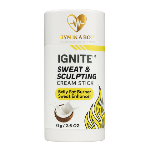 GYM IN A BOX IGNITE coconut Sweat & Fat Burning Cream stick. Displayed on a light beige background with tagline SWEAT & Fat burning cream 