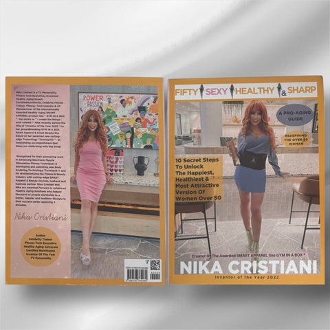 Two magazine covers featuring Nika Cristiani on a white background of her book „ Fifty Sexy Healthy & Sharp „