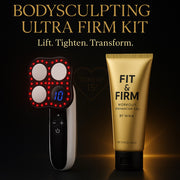 GYM IN A BOX® BodySculpting Ultra Firm Kit featuring the UltraFirm BodySculpting Wand with red LED light and the Fit & Firm Workout Enhancer Gel by NIKA. Luxury at-home body toning and sculpting syste