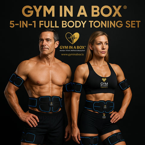 GYM IN A BOX, 5 in 1 Full Body Muscle Booster System, Strength Training At Home, Exercise For Beginners ,Easy Workout, Arm Exercises For Women,ABS Stimulator, Abdominal Toning Belt, 10 Modes, 39 Strength Levels, Fitness Belt for Men Women,Home Office Workout Equipment VibroBoost Full Body Toning System, , Abs belt, EMS Abs stimulator 