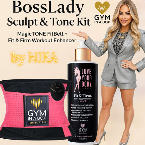 BOSS LADY Deluxe Toning Set, Mommy's Makeover Deluxe Kit, Fit And Firm Combo Set, Stomach Cellulite Treatment, Toning Exercise 
BossLady Sculpt & Tone Kit, core toning kit, cellulite targeting gel, travel-friendly fitness, office workout kit, made in USA fitness