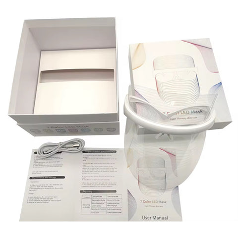 Magic Glow 7-in-1 LED BeautyShield by GYM IN A BOX® – whats in the box- premium light therapy face mask featuring 7 clinically-targeted LED wavelengths for anti-aging, acne treatment, skin brightening, and wrinkle reduction. Lightweight, hands-free, USB rechargeable, and designed with transparent NASA-inspired technology for at-home professional skincare