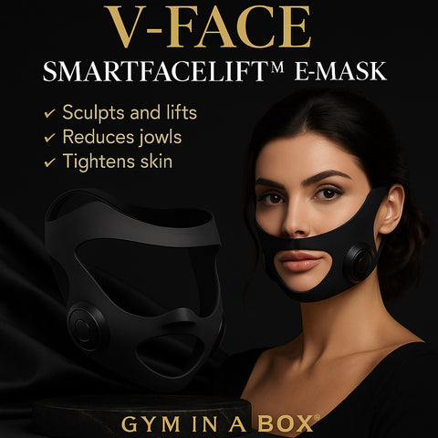 Luxury black facelift mask worn by woman for jawline and cheek lift using GYM IN A BOX® patented ToneUp15® StimFit Beauty Technology. Hands-free wearable for sculpting face in 15 minutes.”