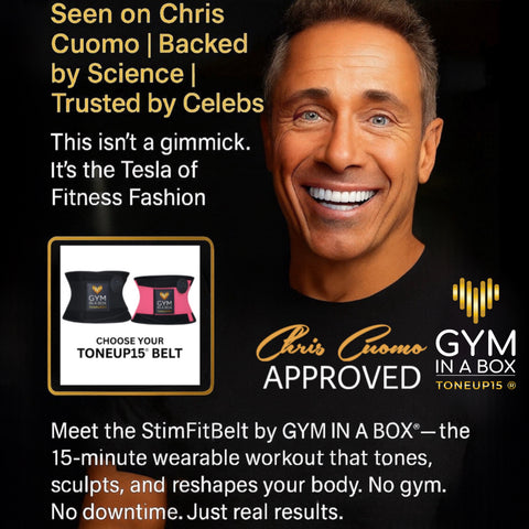 Chris Cuomo wearing GYM IN A BOX® TONEUP15® wearable workout gear, promoting the MagicTONE Abs Builder and FitBelt. As seen on QVC, NewsNation, and trusted by fitness professionals. Luxury fitness technology for sculpting abs without a gym.