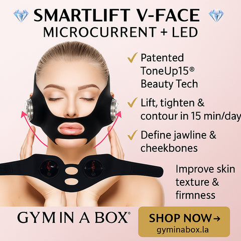 SmartLift V-Face E-Mask™
MicroCurrent + LED Smart FaceLift Anti aging E-Mask Luxury black facelift mask worn by woman for jawline and cheek lift using GYM IN A BOX® patented ToneUp15® StimFit MicroCurrent + LED Beauty Light therapy . Hands-free wearable for sculpting & lifting face & reduce jowls  in 15 minutes