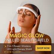 Magic Glow 7in1 LED BeautyShield 
Woman enjoying a hands-free LED light therapy session with the Magic Glow 7-in-1 BeautyShield mask by GYM IN A BOX®; luxury skin treatment at home and on the go .