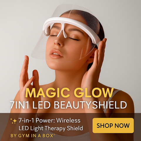 Magic Glow 7in1 LED BeautyShield 
Woman enjoying a hands-free LED light therapy session with the Magic Glow 7-in-1 BeautyShield mask by GYM IN A BOX®; luxury skin treatment at home and on the go .