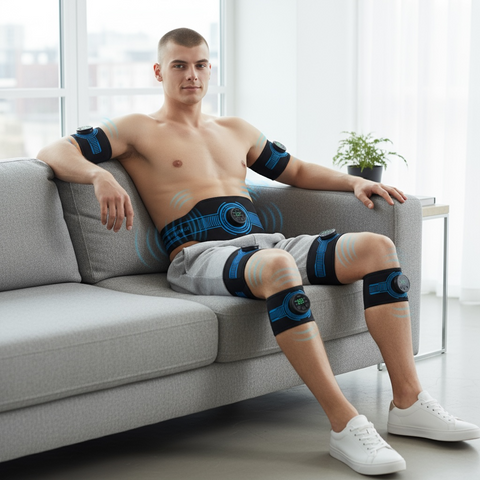 Male model sitting outdoors wearing a full 5-piece muscle-activation wearable set on arms, waist, and thighs.