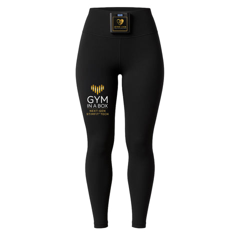 Black leggings with 'Gym in a Box' branding on a light gray background Front view of black GYM IN A BOX® StimFit leggings with built-in waist controller and gold logo on the left thigh.
GYM IN A BOX® Next-Gen StimFit Tech black high-waisted leggings with integrated waist controller, square product display.