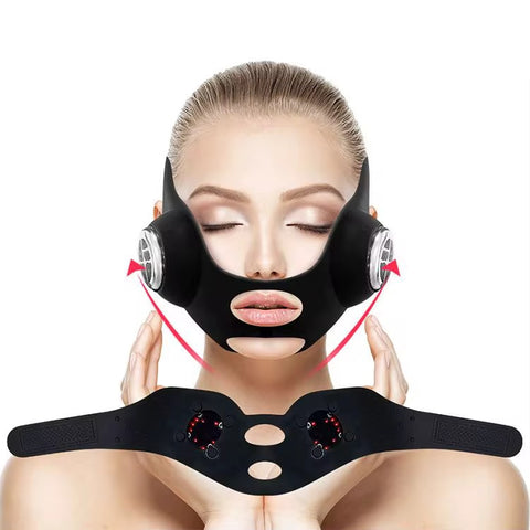 Luxury black facelift mask worn by woman for jawline and cheek lift using GYM IN A BOX® patented ToneUp15® StimFit Beauty Technology. Metallic pink, gold, and black branding. Hands-free wearable for sculpting face in 15 minutes.”