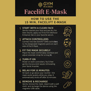 How to use Luxury black facelift mask for women and men for jawline and cheek lift using GYM IN A BOX® patented ToneUp15® StimFit Beauty Technology. Metallic pink, gold, and black branding. Hands-free wearable for sculpting face in 15 minutes.