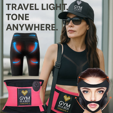 GYM IN A BOX StimFit Travel Kit, Luxury Fitness, EMS Alternative, Portable Beauty Devices, Facelift Mask, Booty Pants, TSA Friendly, Jetsetter Workout, Women’s Travel Fitness, ToneUp15®, GYM IN A BOX