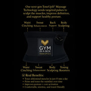 Black GYM IN A BOX electronic waist trainer with text highlighting features and benefits on a black background