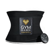 Black waist trainer with 'Gym in a Box' branding and remote control on a white background