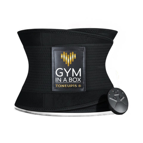 Black waist trainer with 'Gym in a Box' branding and remote control on a white background