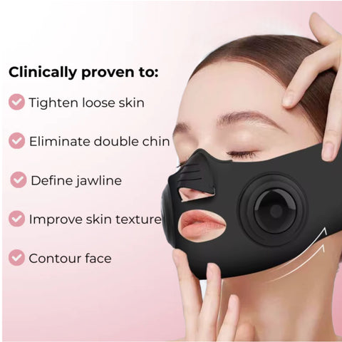 Luxury MicroCurrrent black facelift mask worn by woman for jawline and cheek lift using GYM IN A BOX® patented ToneUp15® StimFit Beauty Technology. Metallic pink, gold, and black branding. Hands-free wearable for sculpting face in 15 minutes.”