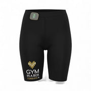 Black shorts with 'Gym in a Box' branding on a white background, integrated muscle boosters on booty 