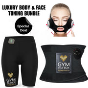 Gym in a Box body and face toning bundle with shorts and face mask on a white background