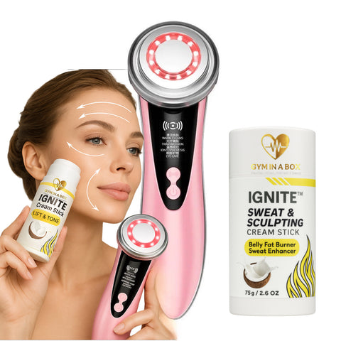 Woman holding a skincare device and cream sticks with a white background