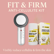 GYM IN A BOX, BodyFirm, Ultra Firm BodyFirm Cellulite Eraser, Best Product For Neck Firming, Tighten Neck Skin, Skin Tightening Stomach, Belly Skin Tightening , Fat Burn , Anti Cellulite BODYSCULPTING ULTRA FIRM KIT by GYM IN A BOX® featuring a sleek black LED body-sculpting device with red lights and a coconut Sweat & Fat Burning Cream stick.