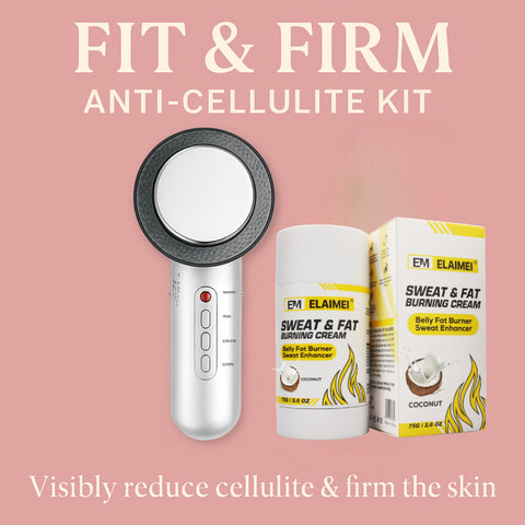 GYM IN A BOX, BodyFirm, Ultra Firm BodyFirm Cellulite Eraser, Best Product For Neck Firming, Tighten Neck Skin, Skin Tightening Stomach, Belly Skin Tightening , Fat Burn , Anti Cellulite BODYSCULPTING ULTRA FIRM KIT by GYM IN A BOX® featuring a sleek black LED body-sculpting device with red lights and a coconut Sweat & Fat Burning Cream stick.