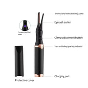 Luxury heated eyelash curler in black and rose-gold design, gently lifting lashes for a soft, defined curl with a beauty-tech finish.