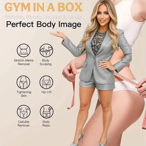 NIKA Cristiani demonstrating her nice sexy body shape and BODYSCULPTING ULTRA FIRM KIT by GYM IN A BOX® featuring a sleek black LED body-sculpting device with red lights and a coconut Sweat & Fat Burning Cream stick. Displayed on a light beige background with tagline ‘Tighten • Sculpt • Tone