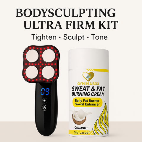 BODYSCULPTING ULTRA FIRM KIT by GYM IN A BOX® featuring a sleek black LED body-sculpting device with red lights and a coconut Sweat & Fat Burning Cream stick. Displayed on a light beige background with tagline ‘Tighten • Sculpt • Tone
