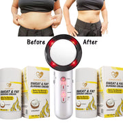 Before and after big belly and flat belly BODYSCULPTING ULTRA FIRM KIT by GYM IN A BOX® featuring a sleek black LED body-sculpting device with red lights and a coconut Sweat & Fat Burning Cream stick. Displayed on a light beige background