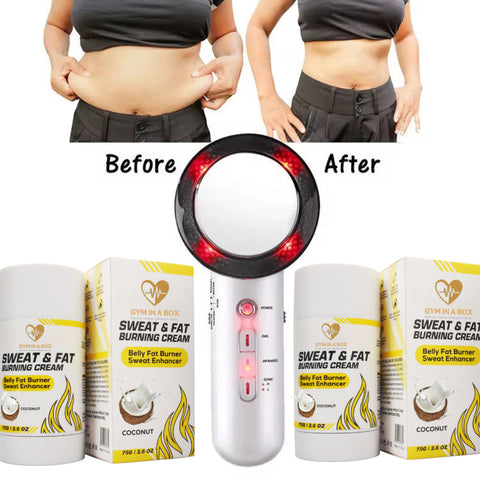 Before and after big belly and flat belly BODYSCULPTING ULTRA FIRM KIT by GYM IN A BOX® featuring a sleek black LED body-sculpting device with red lights and a coconut Sweat & Fat Burning Cream stick. Displayed on a light beige background