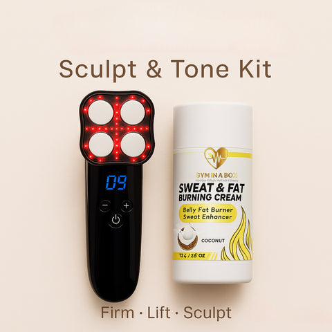 BODYSCULPTING ULTRA FIRM KIT by GYM IN A BOX® featuring a sleek black LED body-sculpting device with red lights and a coconut Sweat & Fat Burning Cream stick. Displayed on a light beige background with tagline ‘Tighten • Sculpt • Tone