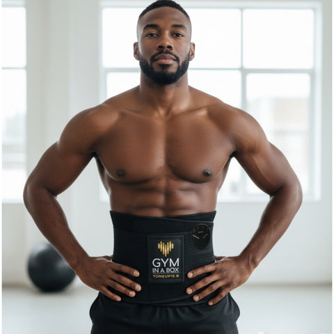 Male model standing and wearing a black GYM IN A BOX® StimFitBelt around his waist, styled with black athletic pants against a white background.