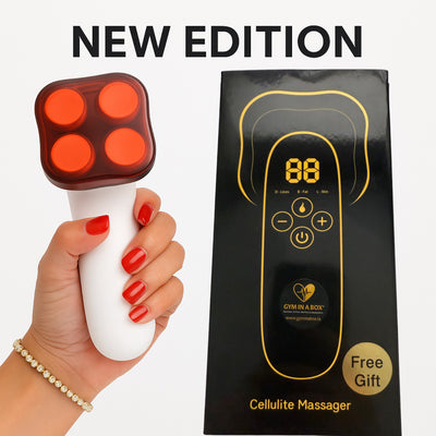 Hand holding a cellulite massager with its packaging labeled 'New Edition' on a white background. GYM IN A BOX , BodyFirm, Ultra Firm BodyFirm Cellulite Eraser, Best Product For Neck Firming, Tighten Neck Skin, Skin Tightening Stomach, Belly Skin Tightening , Fat Burn , Anti Cellulite