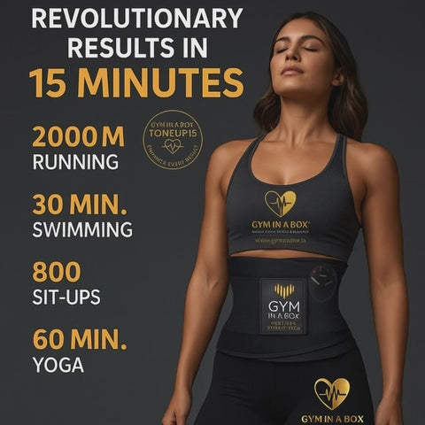 Woman wearing GYM IN A BOX® ToneUp15® StimFit Belt demonstrating revolutionary 15-minute workout results equivalent to 2000m running, 30 minutes swimming, 800 sit-ups, or 60 minutes yoga — luxury fitness technology for real results anytime, anywhere.”